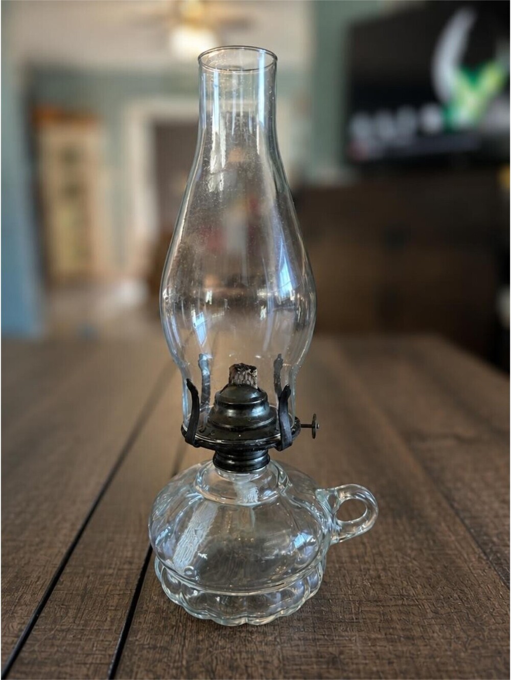 Vintage Anchor Hocking Clear Glass Oil Kerosene Lamp Finger Handle Chimney USA